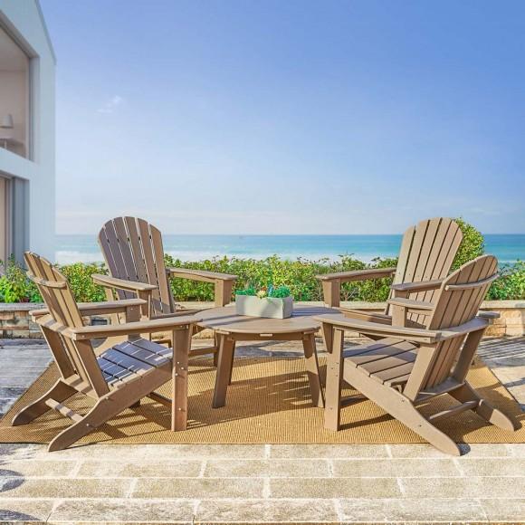 Glitzhome Elm PLUS 5-Piece Outdoor Patio Tan HDPE Adirondack Chair And Coffee Table Set