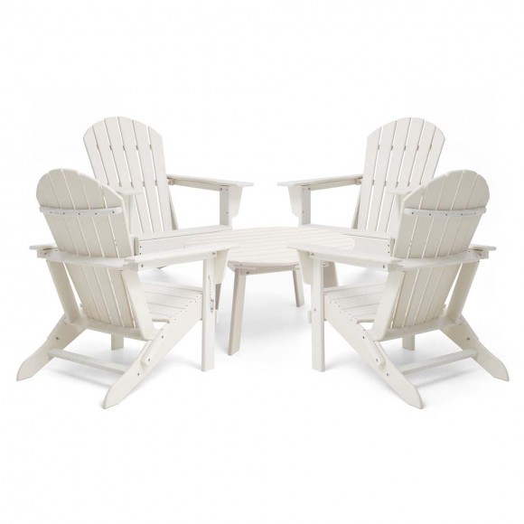 glitzhome Elm PLUS 5-Piece Outdoor Patio White HDPE Folding Adirondack Chairs and 36"D Coffee Table Set