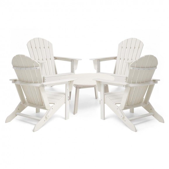 glitzhome Elm PLUS 5-Piece Outdoor Patio White HDPE Folding Adirondack Chairs and 32"D Coffee Table Set