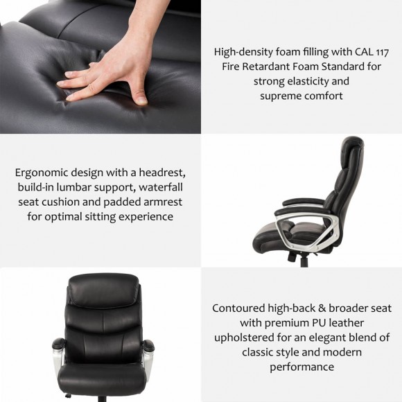 Glitzhome Elm PLUS Black PU Leather Gaslift Adjustable Height Swivel Office Chair