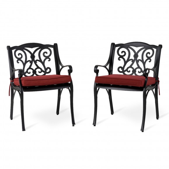 Glitzhome Elm PLUS Set Of 2 Cast Aluminium Dining Chairs With Beige Olefin Fabric Cushions And Alternative Wine Red Cushion Covers