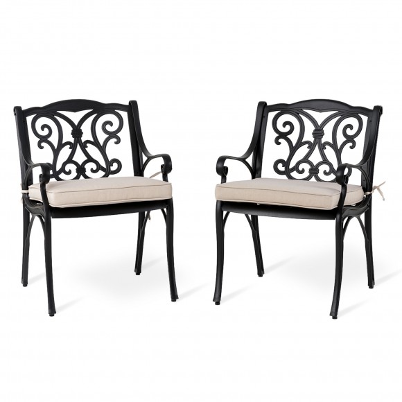 Glitzhome Elm PLUS Set Of 2 Cast Aluminium Dining Chairs With Wine Red Olefin Fabric Cushions And Alternative Beige Cushion Covers