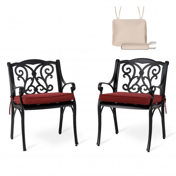 glitzhome Elm PLUS Set of 2 Cast Aluminium Dining Chairs with Wine Red Olefin Fabric Cushions and Alternative Beige Cushion Covers glitzhome Elm PLUS Set of 2 Cast Aluminium Dining Chairs with Wine Red Olefin Fabric Cushions and Alternative Beige Cushion Covers