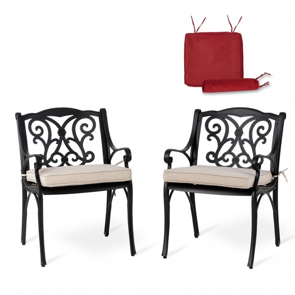 glitzhome Elm PLUS Set of 2 Cast Aluminium Dining Chairs with Beige Olefin Fabric Cushions and Alternative Wine Red Cushion Covers glitzhome Elm PLUS Set of 2 Cast Aluminium Dining Chairs with Beige Olefin Fabric Cushions and Alternative Wine Red Cushion Covers