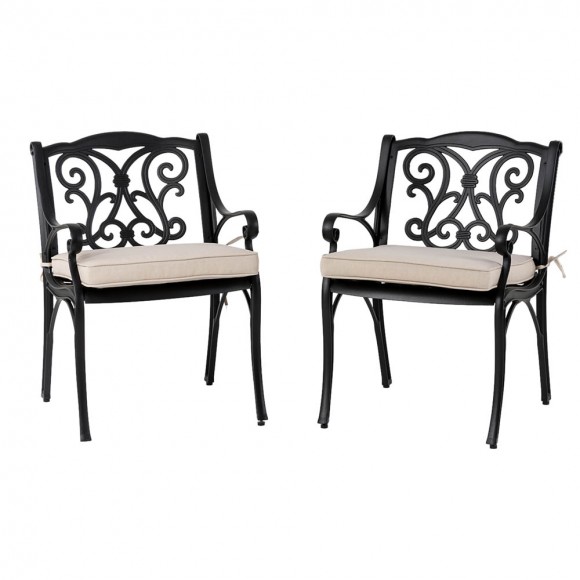 glitzhome Elm PLUS Set of 2 Cast Aluminum Patio Dining Chairs with Beige Cushions Olefin Fabric