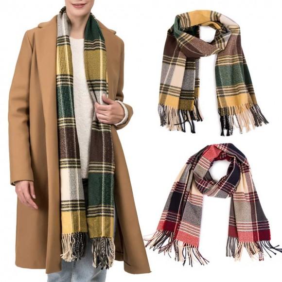 Glitzhome EUty Oversized Fashion Multicolor Plaid Scarf With Tassels Set Of 2
