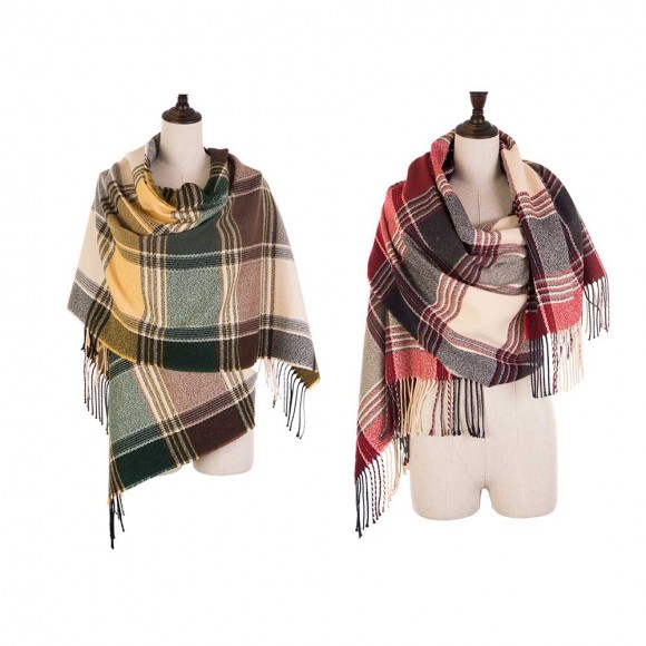 glitzhome eUty Oversized Fashion Multicolor Plaid Scarf with Tassels Set of 2