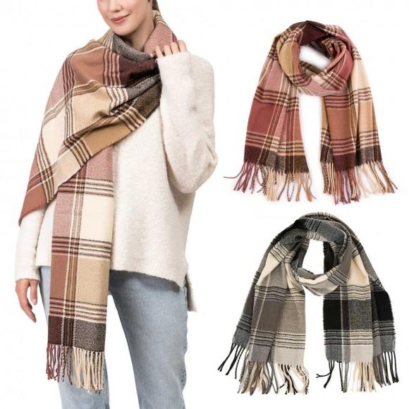 Glitzhome EUty Oversized Fashion Multicolor Plaid Scarf With Tassels Set Of 2