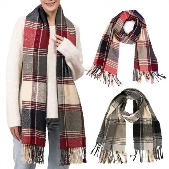 Glitzhome EUty Oversized Fashion Multicolor Plaid Scarf With Tassels Set Of 2