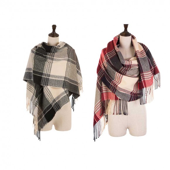 glitzhome eUty Oversized Fashion Multicolor Plaid Scarf with Tassels Set of 2
