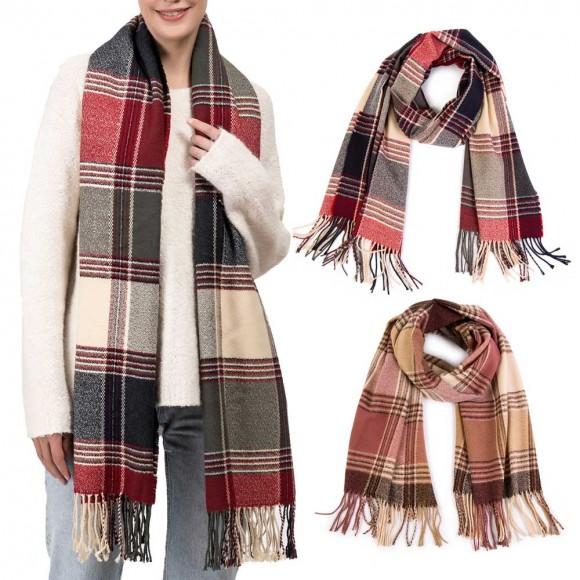 Glitzhome EUty Oversized Women Fashion Multicolor Plaid Scarf With Tassels Set Of 2