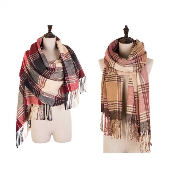 glitzhome eUty Oversized Women Fashion Multicolor Plaid Scarf with Tassels Set of 2