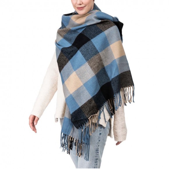 Glitzhome EUty Unisex Oversized Gray/Blue And Beige Plaid Scarf With Tassels
