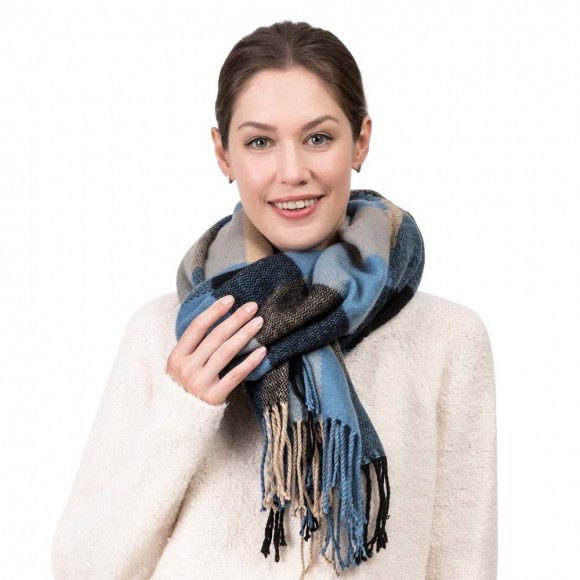 Glitzhome EUty Unisex Oversized Gray/Blue And Beige Plaid Scarf With Tassels