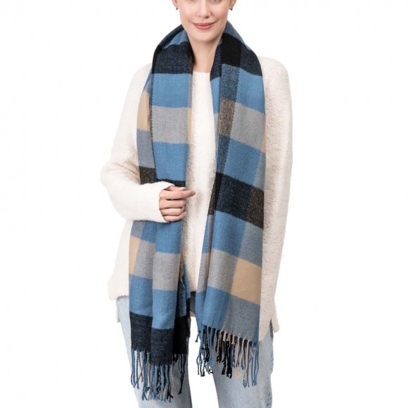 glitzhome eUty Unisex Oversized Gray/Blue and Beige Plaid Scarf with Tassels