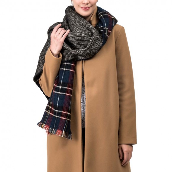 Glitzhome EUty Unisex Oversized Gray White And Beige Plaid Reversible Scarf With Fringes