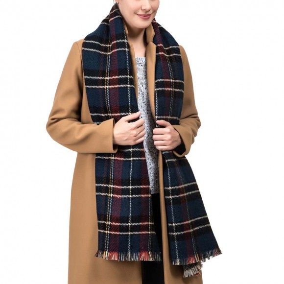 glitzhome eUty Unisex Oversized Gray White and Beige Plaid Reversible Scarf with Fringes