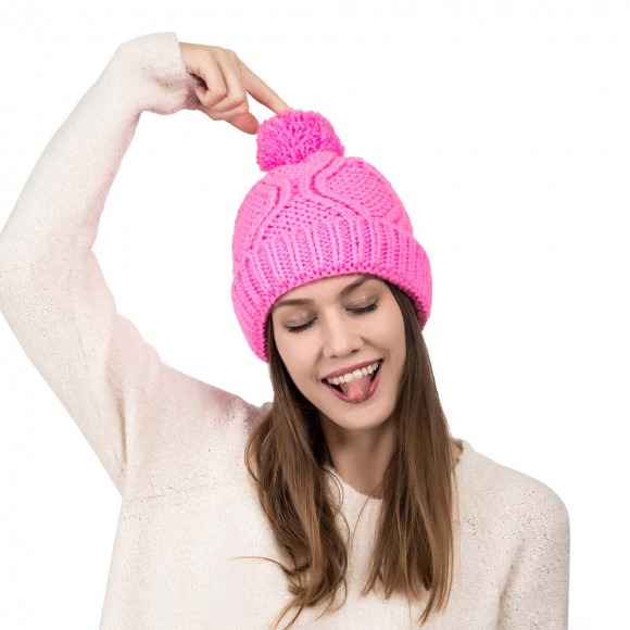 Glitzhome EUty Women Bright Fuchsia Fold-Over Beanie With Pom Pom One Size