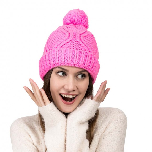 Glitzhome EUty Women Bright Fuchsia Fold-Over Beanie With Pom Pom One Size