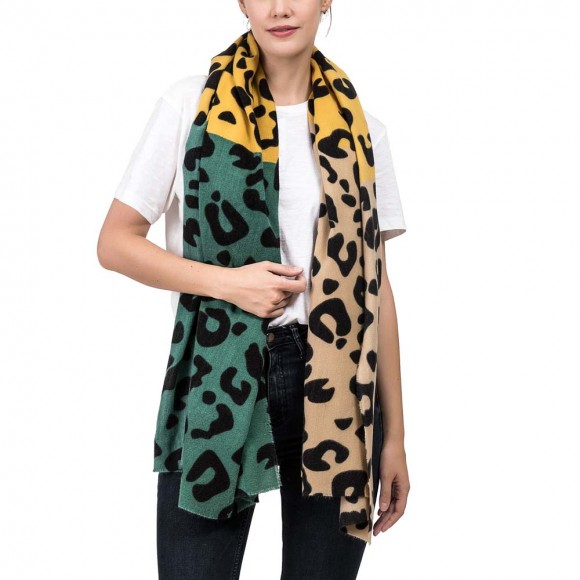 glitzhome eUty Women Green Yellow and Beige Leopard Grain Scarf