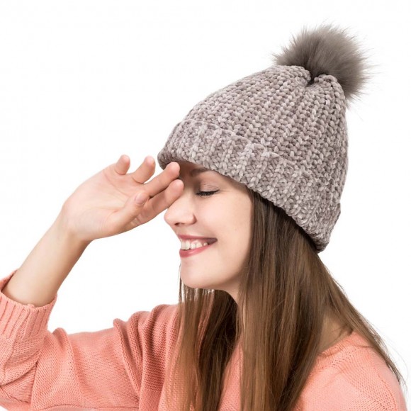 Glitzhome EUty Women Grey Chenille Fold-Over Beanie With Pom Pom One Size