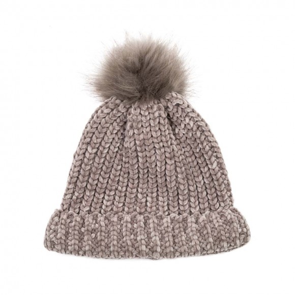 glitzhome eUty Women Grey Chenille Fold-Over Beanie with Pom Pom One Size