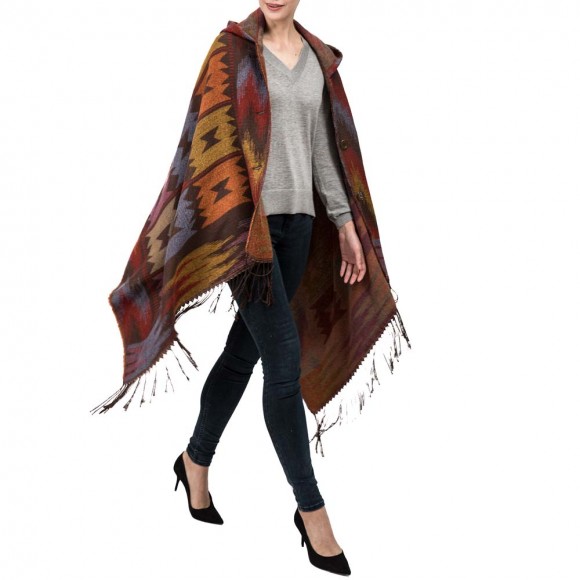 Glitzhome EUty Women Oversized Patterned Poncho Shawl Hoodie With 2 Button Closure And Tassels