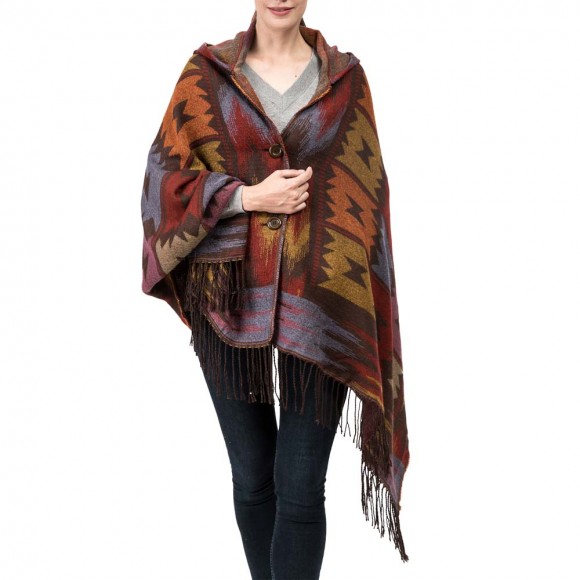 glitzhome eUty Women Oversized Patterned Poncho Shawl Hoodie with 2 Button Closure and Tassels