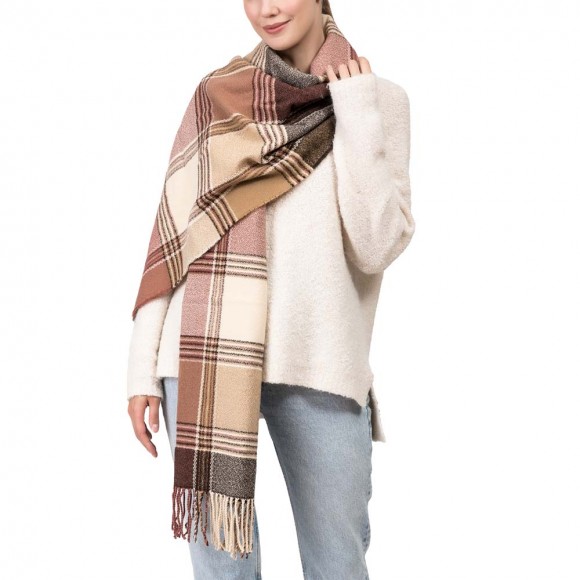 Glitzhome EUty Women Oversized Pink Cream And Gray Plaid Scarf With Tassels
