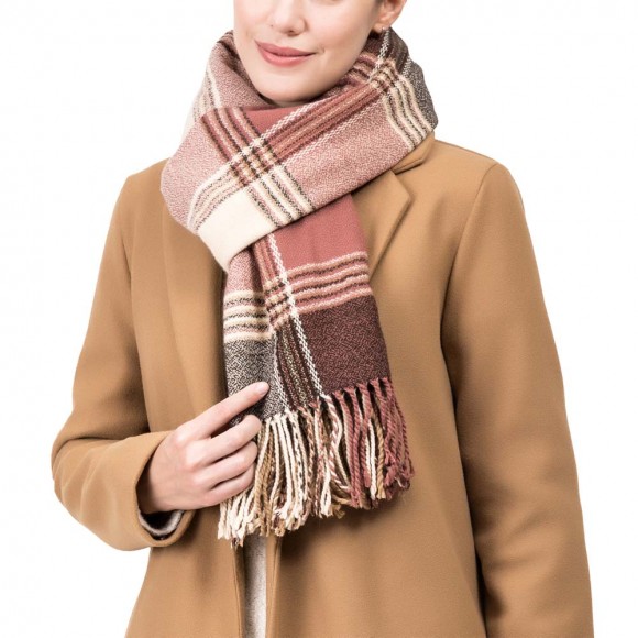 Glitzhome EUty Women Oversized Pink Cream And Gray Plaid Scarf With Tassels