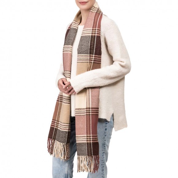 glitzhome eUty Women Oversized Pink Cream and Gray Plaid Scarf with Tassels