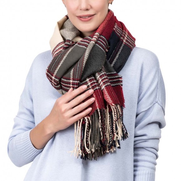 Glitzhome EUty Women Oversized Red Cream And Gray Plaid Scarf With Tassels