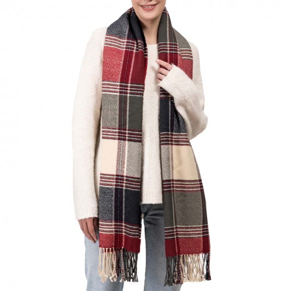 glitzhome eUty Women Oversized Red Cream and Gray Plaid Scarf with Tassels