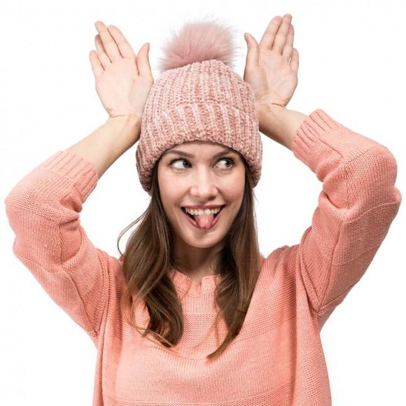 Glitzhome EUty Women Rose Pink Chenille Fold-Over Beanie With Pom Pom One Size