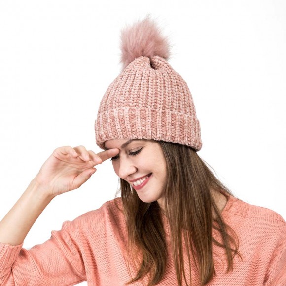 Glitzhome EUty Women Rose Pink Chenille Fold-Over Beanie With Pom Pom One Size
