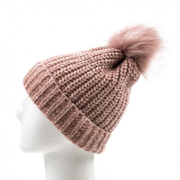 Glitzhome EUty Women Rose Pink Chenille Fold-Over Beanie With Pom Pom One Size