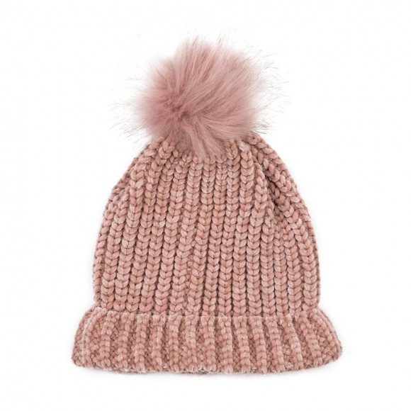 glitzhome eUty Women Rose Pink Chenille Fold-Over Beanie with Pom Pom One Size