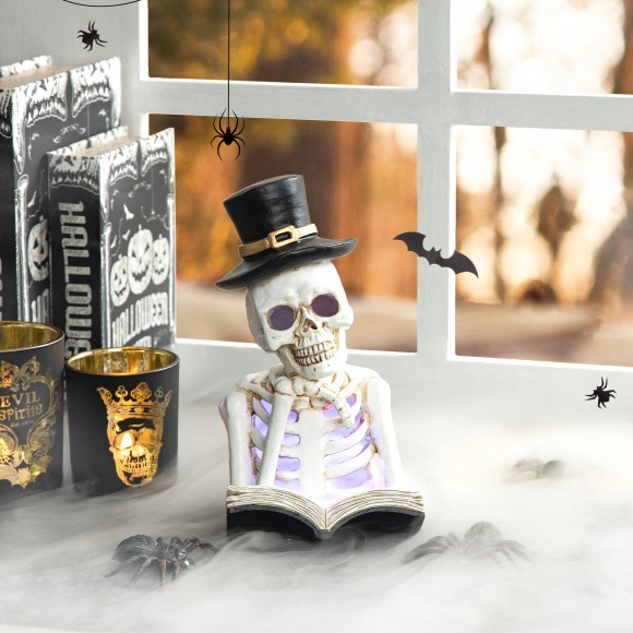 Glitzhome Glitzhome 10.25"H Halloween Lighted Resin Skull Reading Book Table Decor