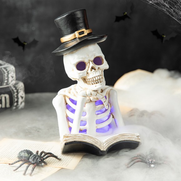Glitzhome Glitzhome 10.25"H Halloween Lighted Resin Skull Reading Book Table Decor