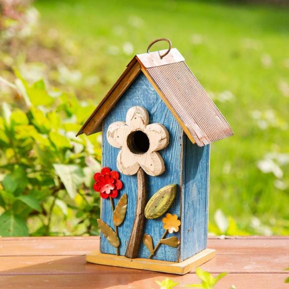Glitzhome Glitzhome 10.25"H Retro Blue Distressed Solid Wood Birdhouse With 3D Flowers