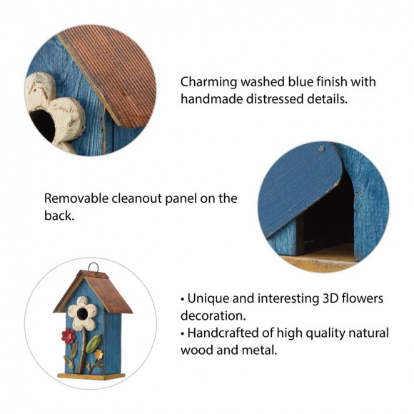 Glitzhome Glitzhome 10.25"H Retro Blue Distressed Solid Wood Birdhouse With 3D Flowers