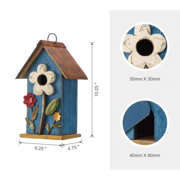 Glitzhome Glitzhome 10.25"H Retro Blue Distressed Solid Wood Birdhouse With 3D Flowers