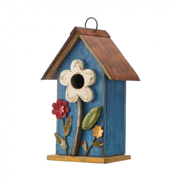 glitzhome Glitzhome 10.25"H Retro Blue Distressed Solid Wood Birdhouse with 3D Flowers