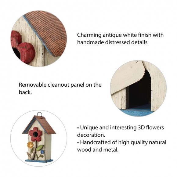 Glitzhome Glitzhome 10.25"H Washed White Distressed Solid Wood Birdhouse With 3D Flowers