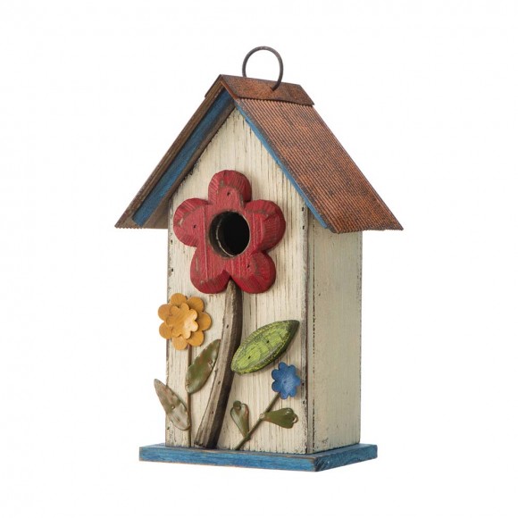 glitzhome Glitzhome 10.25"H Washed White Distressed Solid Wood Birdhouse with 3D Flowers