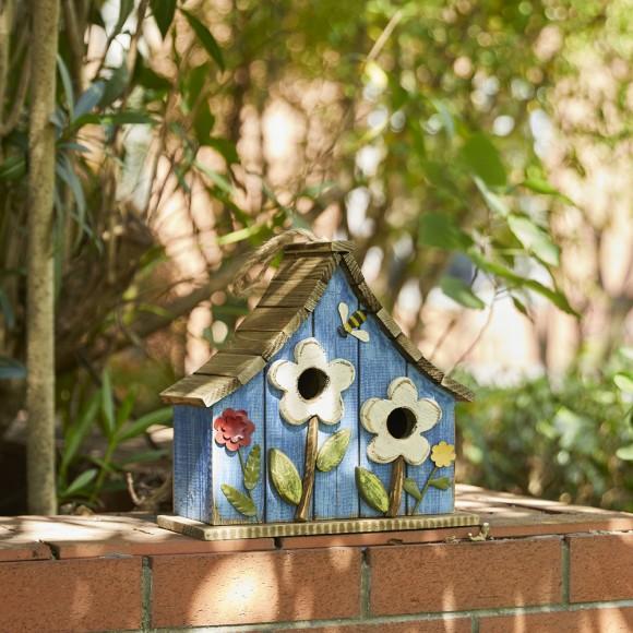 Glitzhome Glitzhome 10.5"H Distressed Solid Wood Birdhouse With 3D Flowers