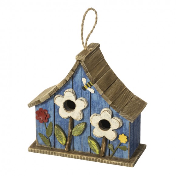 Glitzhome Glitzhome 10.5"H Distressed Solid Wood Birdhouse With 3D Flowers