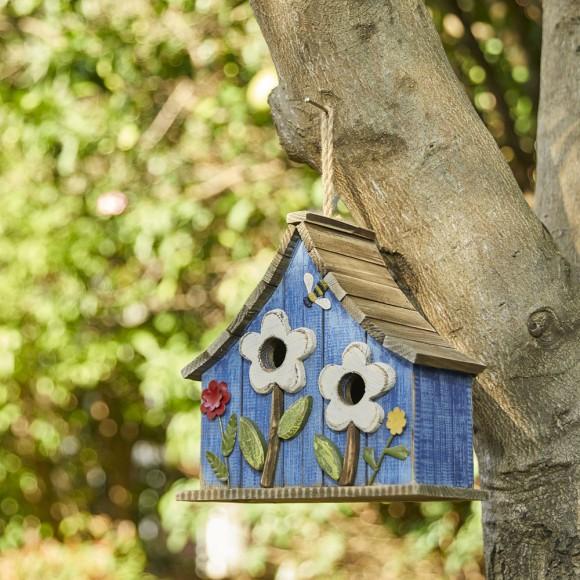 Glitzhome Glitzhome 10.5"H Distressed Solid Wood Birdhouse With 3D Flowers