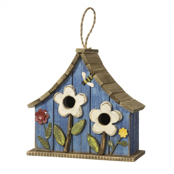 glitzhome Glitzhome 10.5"H Distressed Solid Wood Birdhouse with 3D Flowers