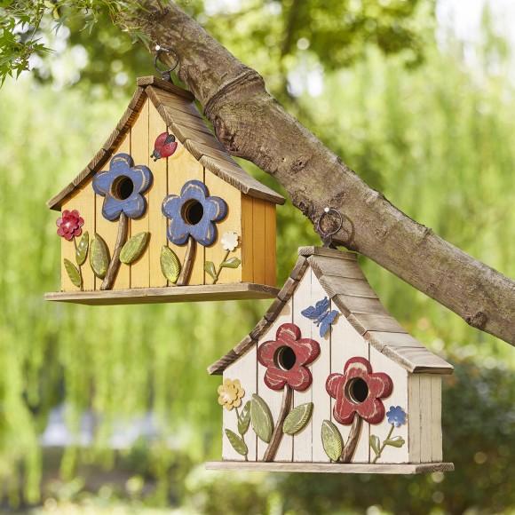 Glitzhome Glitzhome 10.5"H Washed White Distressed Solid Wood Two-Story Townhouse Garden Birdhouse With 3D Flowers
